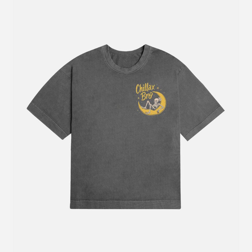 Chillax Bro Skeleton on Moon Cartoon Design T-Shirt - Image 2